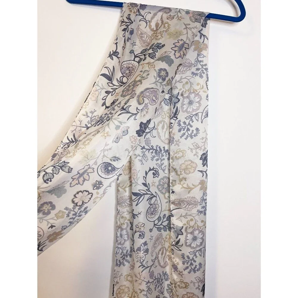 Vintage Floral Chiffon Scarf Cream Gray Beige Paisley Boho Romantic Wrap